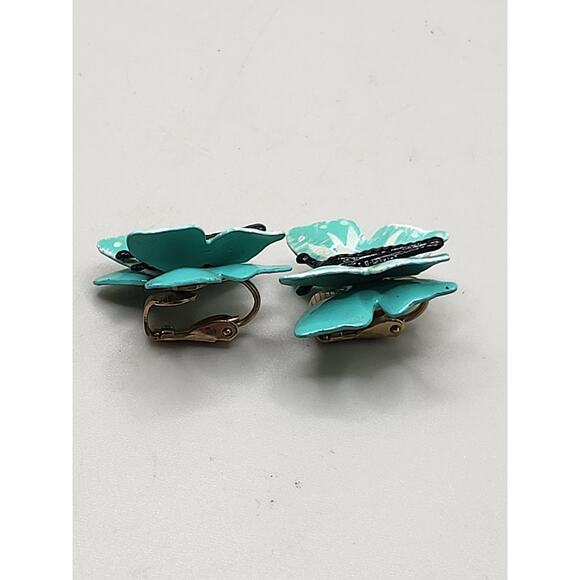 Vintage Turquoise Enamel Butterfly Clip On Earrings 1950s - Picture 3 of 9